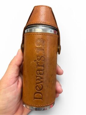 Dewars 12 leather flask Vintage with shot glass